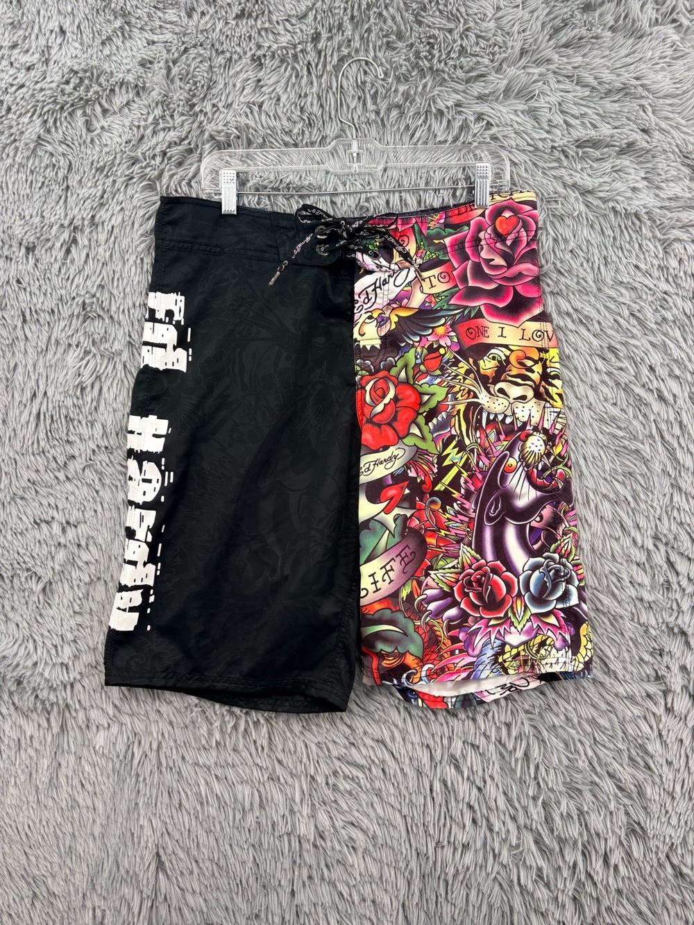 Vintage Ed Hardy Split Tattoo Collage Board Shorts Mens 33 Y2K Black Multi